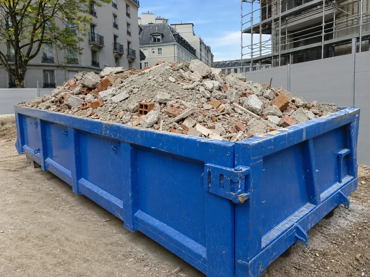 Benne de gravats et béton sur un chantier à Genève