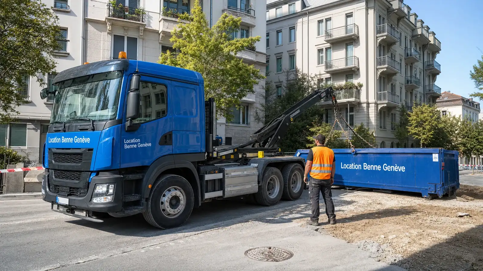 Camion Location Benne Genève déposant une benne sur un chantier à Genève